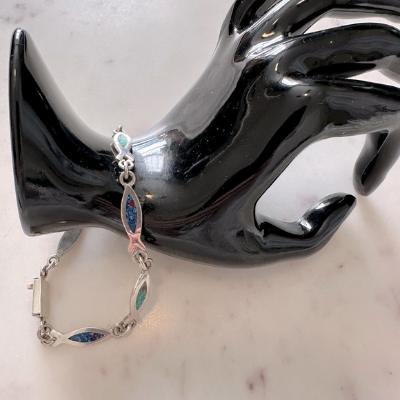 Vintage Taxco Sterling Silver Inlaid Stone Fish Link Bracelet M117 - Picture 2 of 8